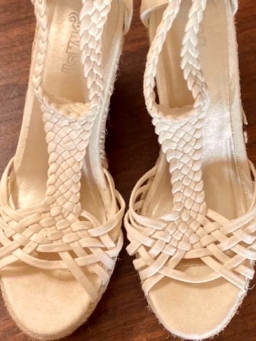 Brash Ivory braided t-strap wedges